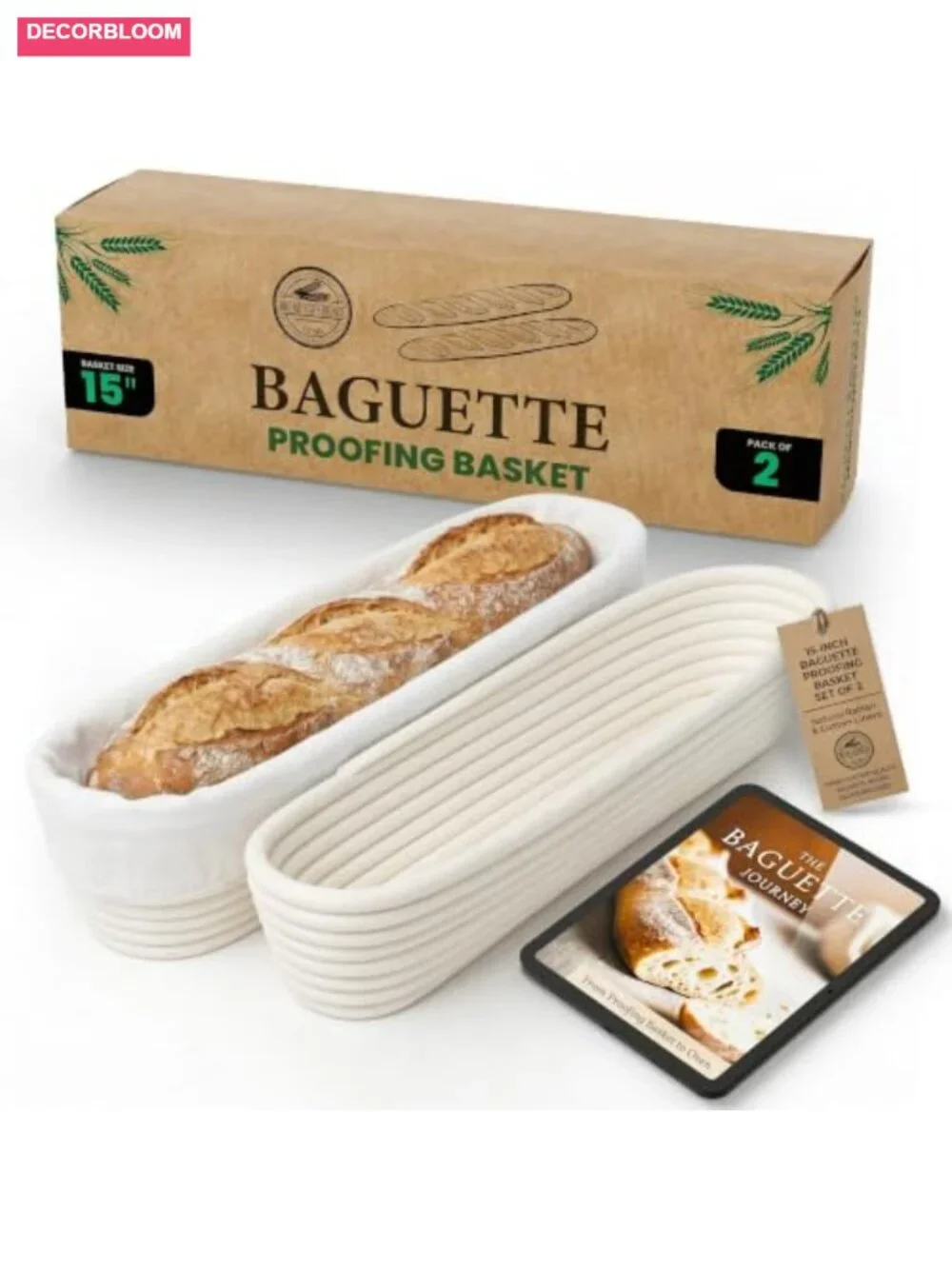 Handwoven Rattan Banneton Bread Proofing Basket Set of 2, Baguette Shaping